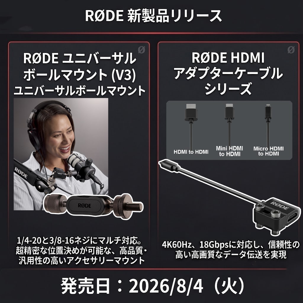 【RODE】汎用性の高いアクセサリー「ユニバーサル ボールマウント」信頼性の高い高画質なデータ伝送「HDMIアダプターケーブル」